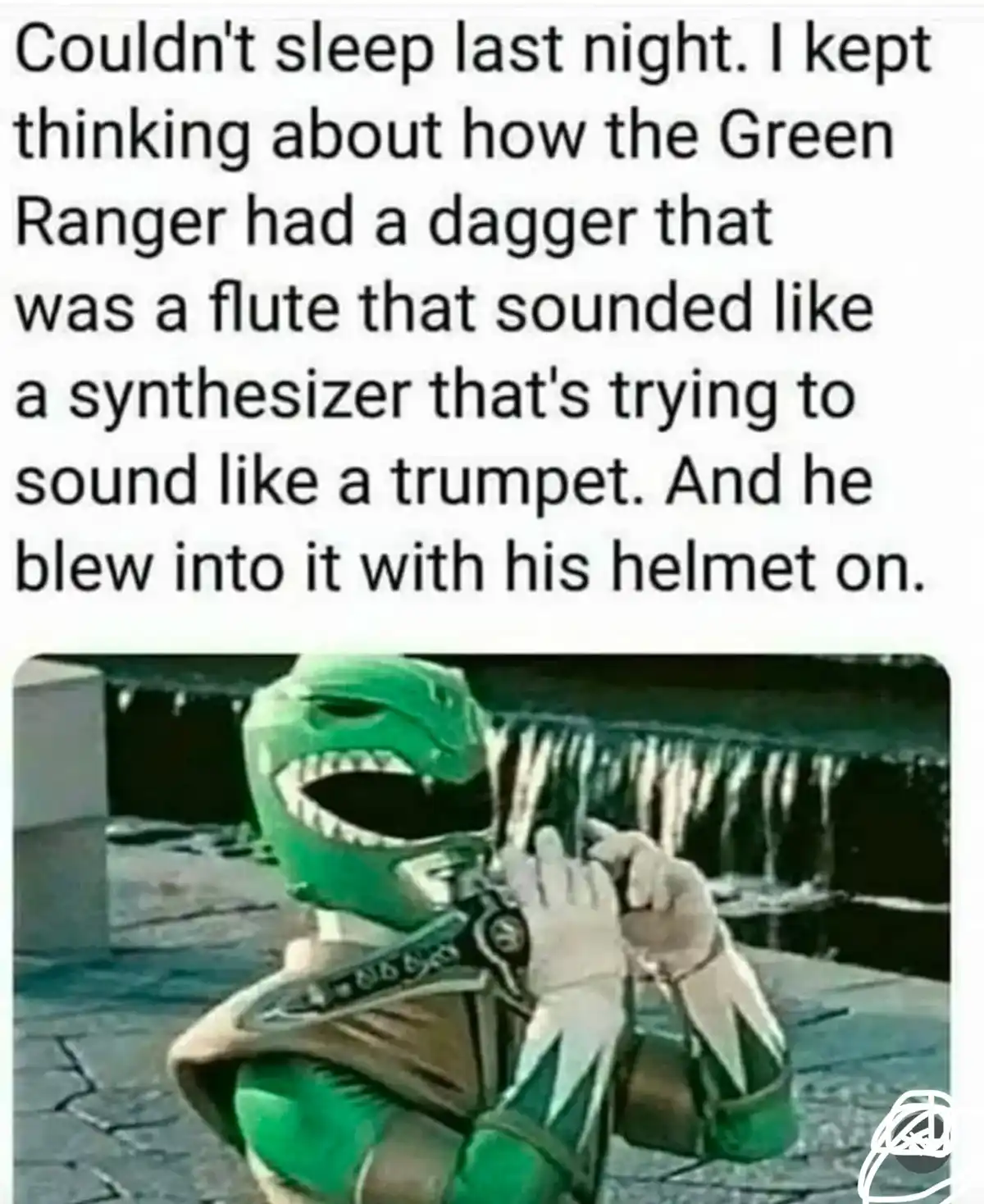 The image shows the Green Ranger from Power Rangers, wearing his helmet and holding a dagger-shaped flute to his mouth as if…