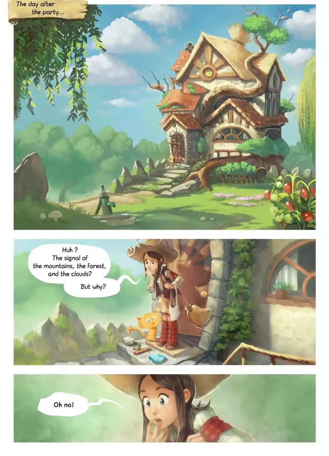 A three-panel comic strip from a fantasy game, showing a rustic treehouse, then a girl and cat at the door confused by a…