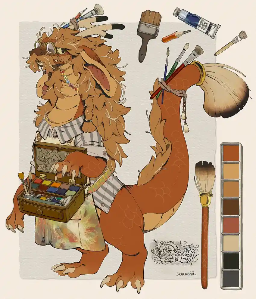 A cartoonish, furry, brown dragon-like creature with glasses and a paint-splattered apron holds an open paintbox. Various…