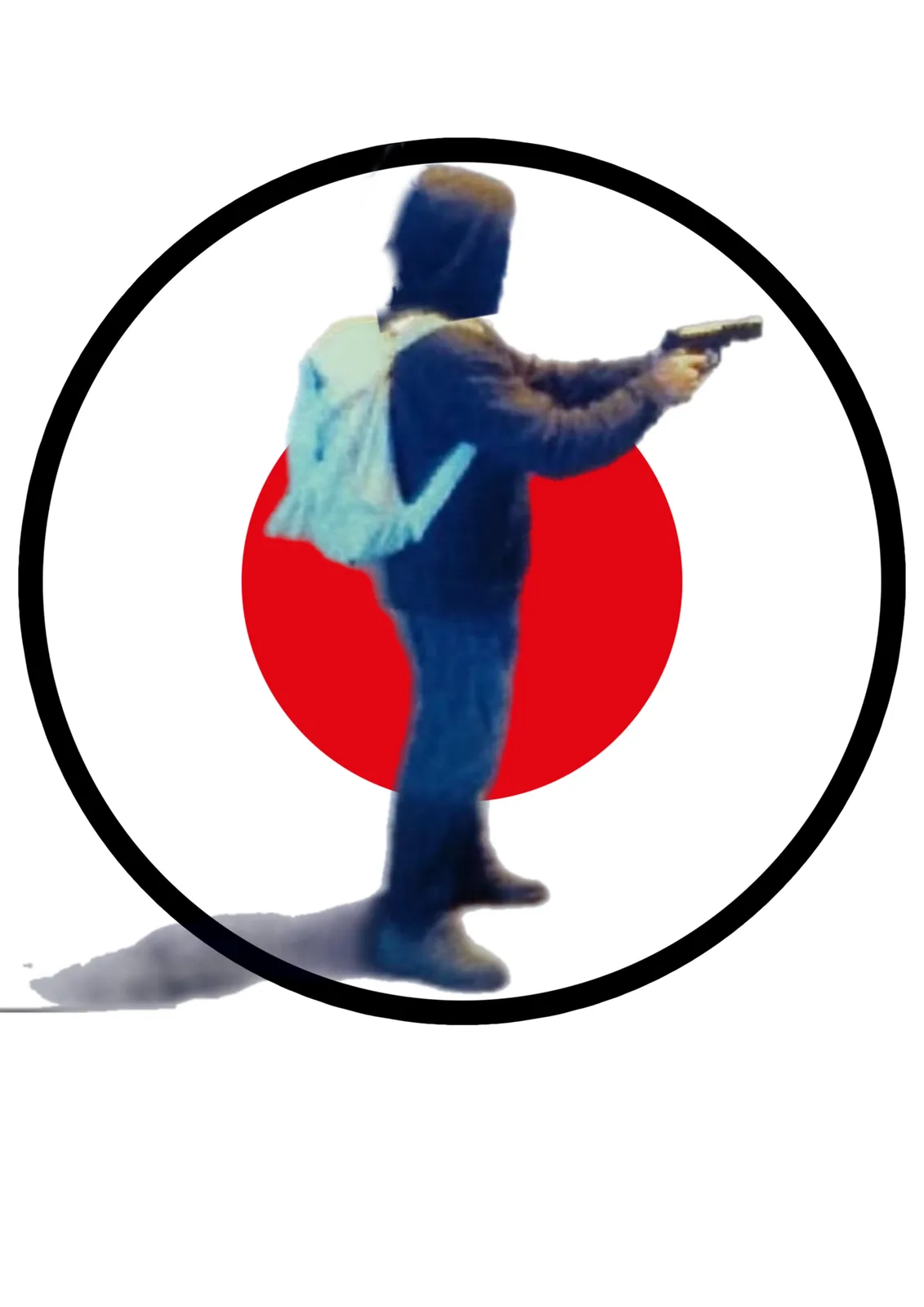 A blurry image of a person in a hoodie and backpack pointing a handgun forward, superimposed over a red circle on a white…