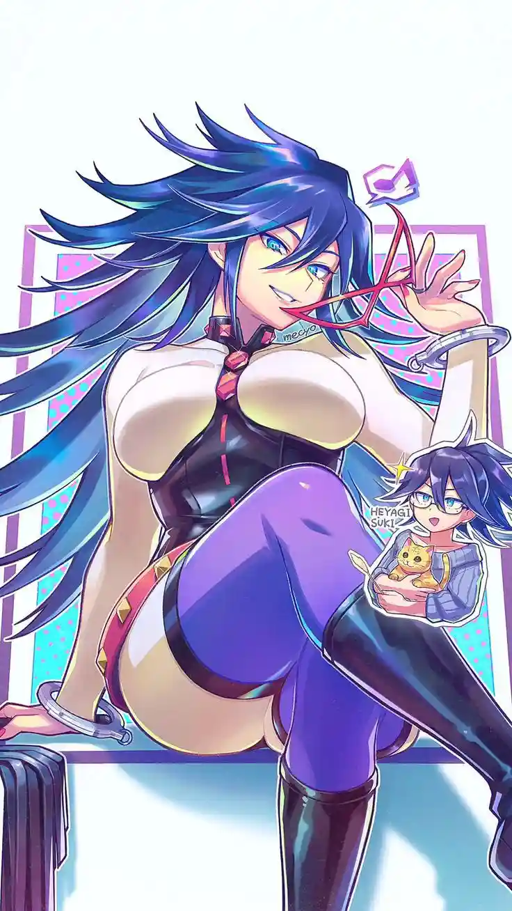 A stylized anime illustration features a tall woman with long blue hair, wearing a revealing black outfit with purple…
