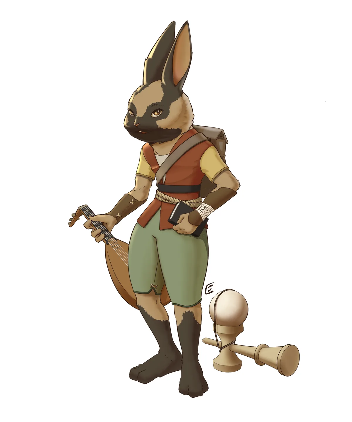 An anthropomorphic rabbit with a beard, wearing adventurer gear including a backpack and rope belt, holds a lute in one hand…