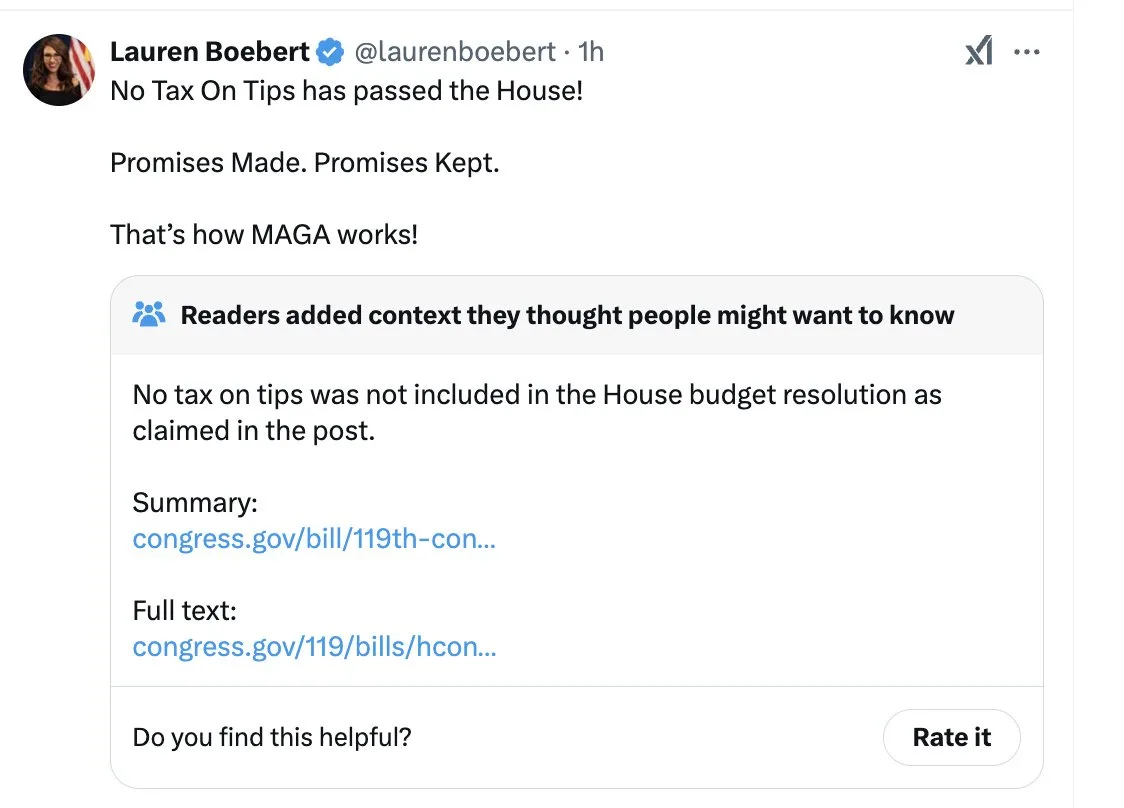 A screenshot of a tweet by Lauren Boebert claiming 'No Tax On Tips has passed the House!' and 'That's how MAGA works!' with…