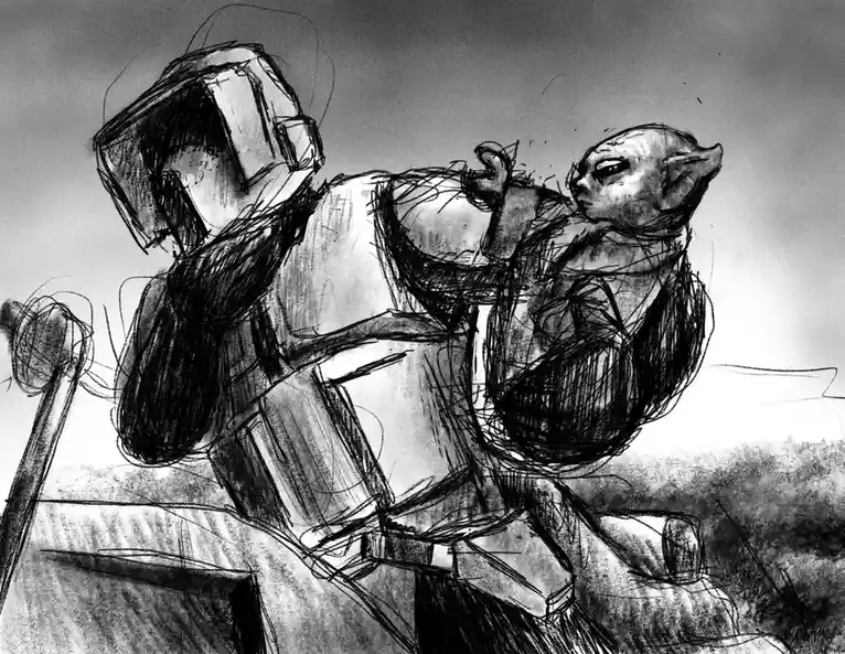 A black-and-white sketch depicts a heavily armored, helmeted figure carrying a small, bald, pointed-eared creature on their…