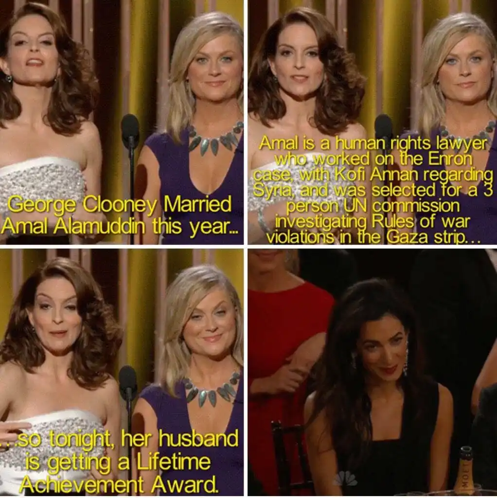 The meme features four panels showing two women on a stage at an awards ceremony, with text overlaying each panel. The first…