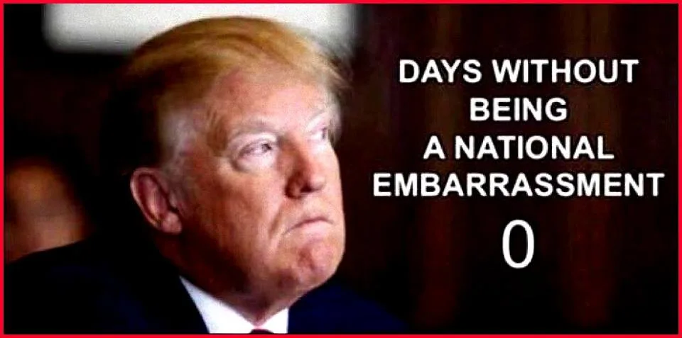 A close-up photo of Donald Trump with a stern, unimpressed facial expression, overlaid with white text that reads 'DAYS…