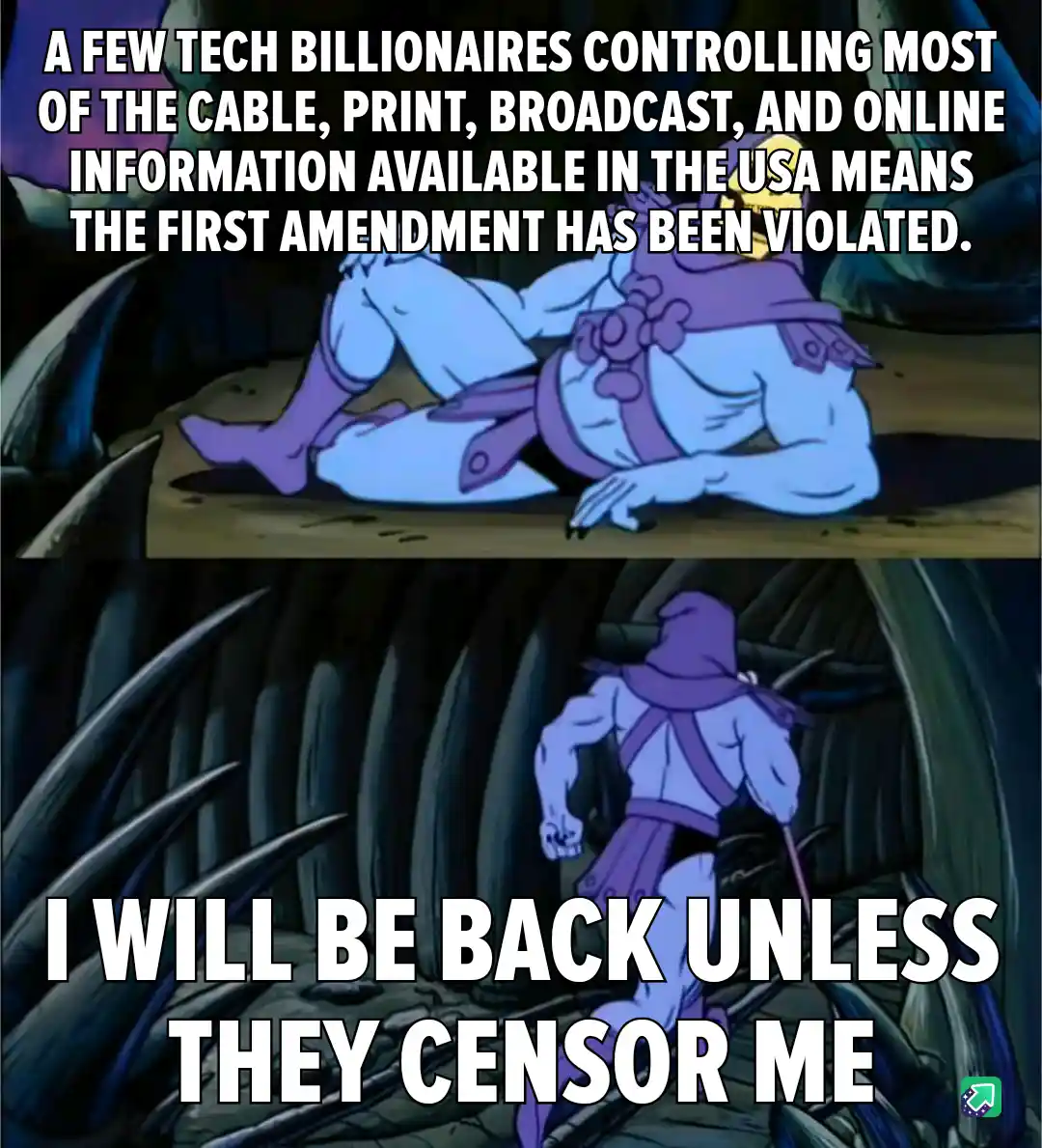 The image is a two-panel meme featuring the animated character Skeletor from 'He-Man and the Masters of the Universe'. In…