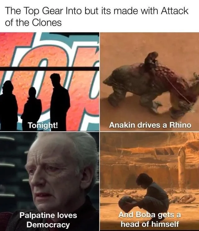 This meme is a four-panel collage parodying the Top Gear intro. The top-left panel shows silhouettes against the 'Top Gear'…