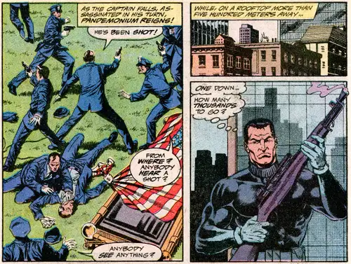 A comic book panel split into two parts: left shows police officers reacting to a fallen captain with dialogue bubbles…