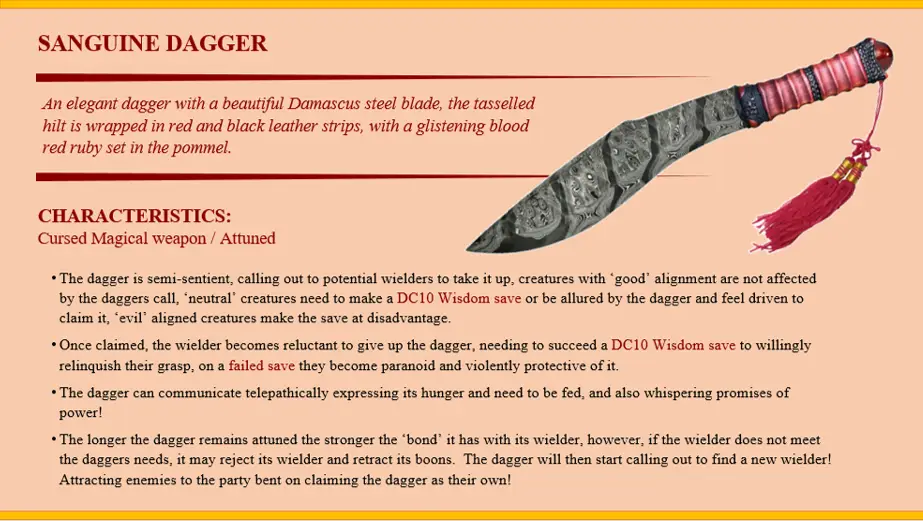An image of a fantasy dagger with a Damascus steel blade and red/black leather hilt, overlaid with text describing it as a…