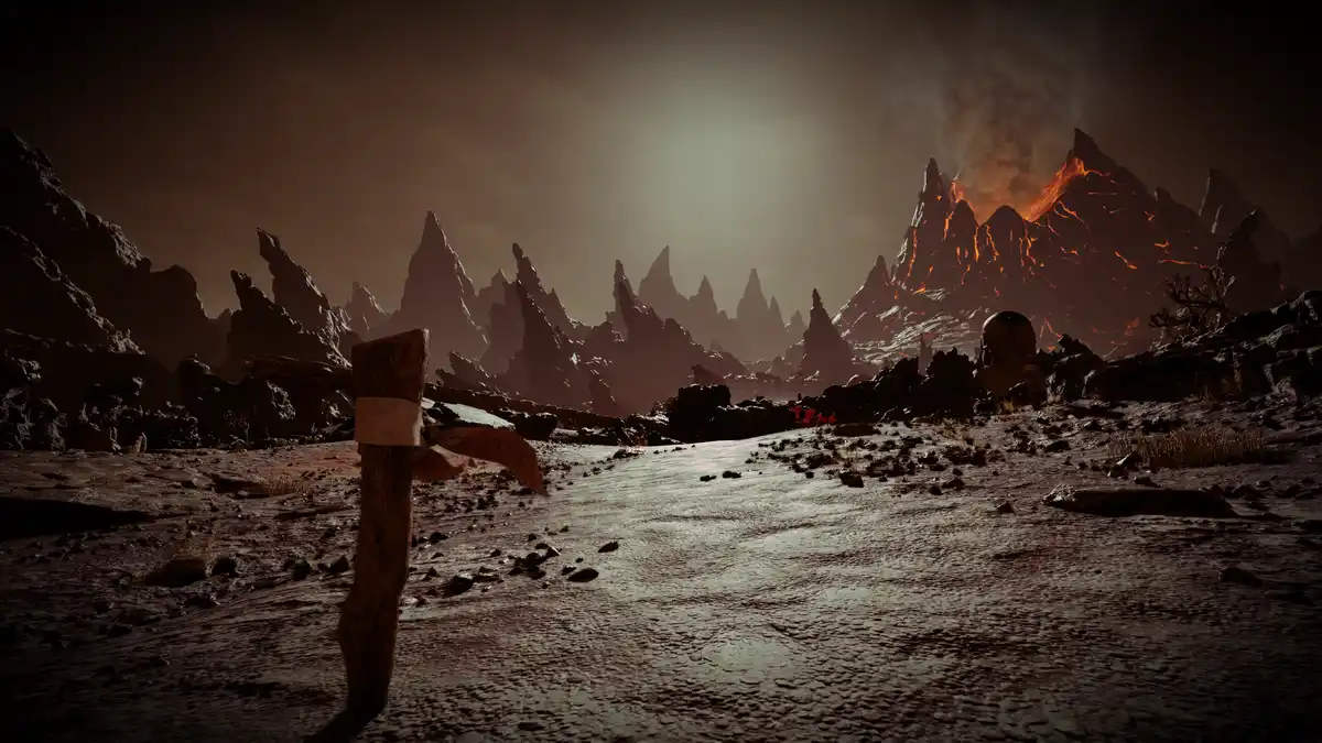 A desolate, rocky landscape with jagged mountains and a glowing lava-filled peak in the distance. In the foreground, a crude…
