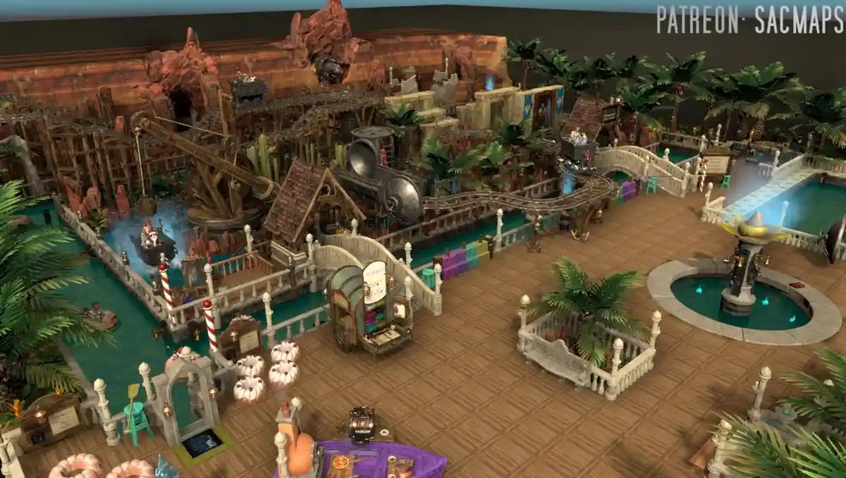 A detailed, colorful, and whimsical 3D-rendered theme park map featuring roller coasters, water rides, palm trees…