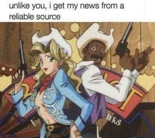 Two anime-style characters dressed as cowboys, a woman with blonde hair and a man with dark skin, both holding revolvers and…