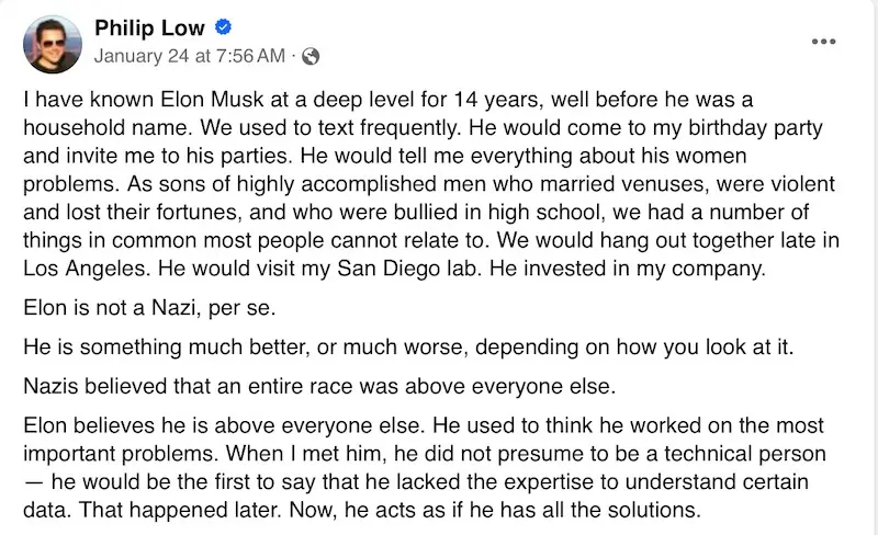 A screenshot of a Facebook post by Philip Low dated January 24, showing his text about knowing Elon Musk for 14 years. The…