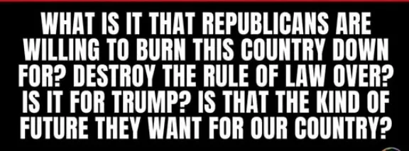 A black background image with large, bold, white text posing rhetorical questions about Republican political actions…