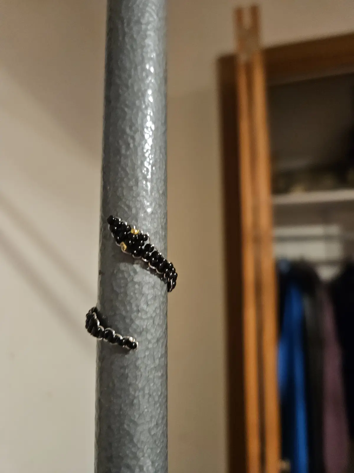A close-up photo shows two black beaded rings with silver accents wrapped around a textured gray pole, likely in a closet…