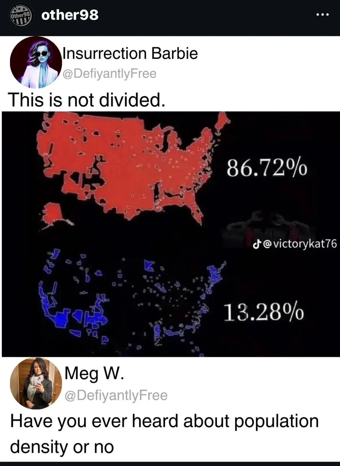 The image displays a social media post with two comment sections. The top comment, from 'Insurrection Barbie', shows a map…