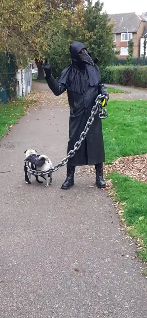 A person dressed in a full black plague doctor costume, complete with a beaked mask and ruffled collar, stands on a paved…