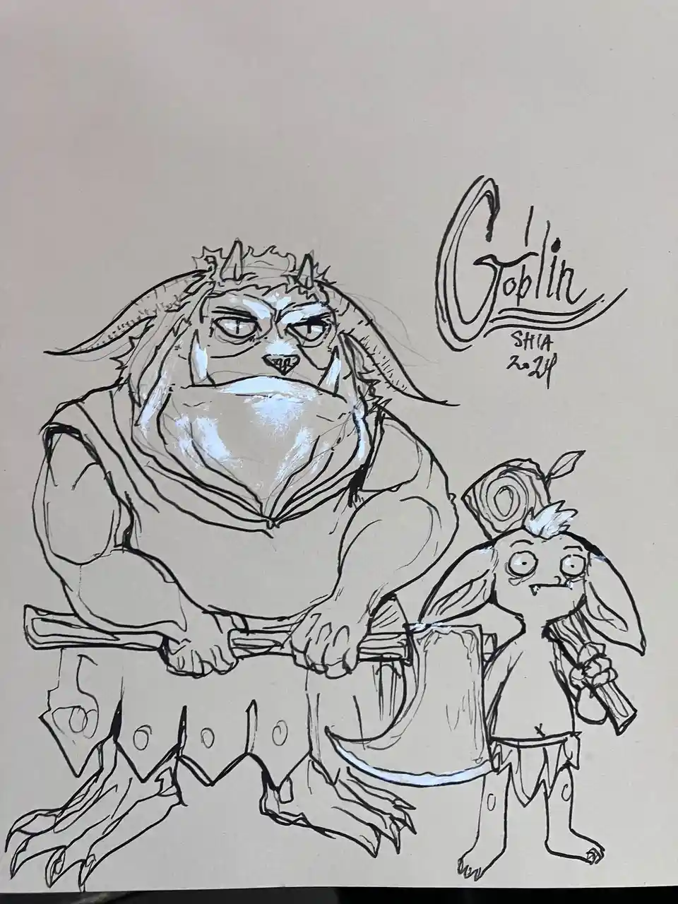 A black-and-white sketch shows a large, muscular goblin with a stern expression, holding a weapon, standing beside a…