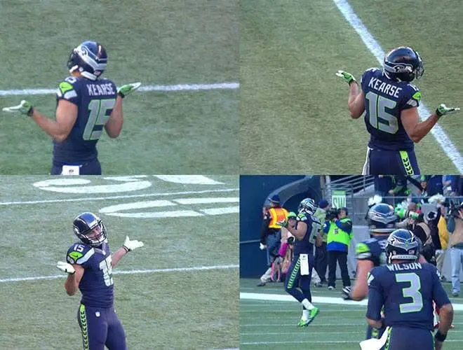A four-panel image collage shows Seattle Seahawks player Tyler Lockett (jersey #15, name 'KEARSE' on back) celebrating with…