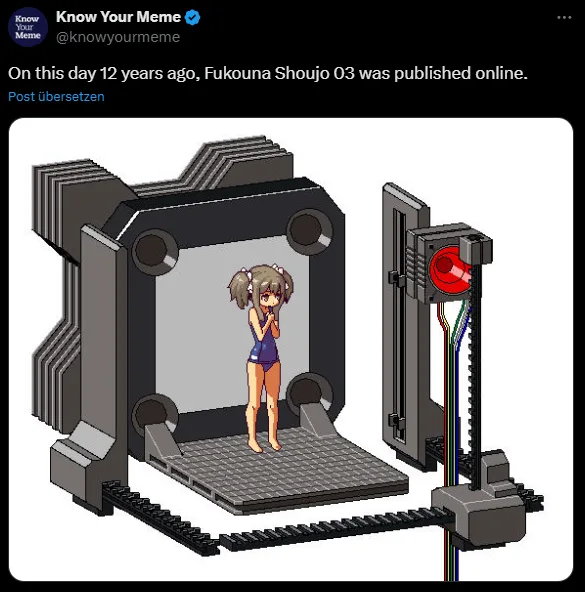An anime-style girl in a blue swimsuit stands inside a 3D printer's build chamber, with the printer's extruder arm and…
