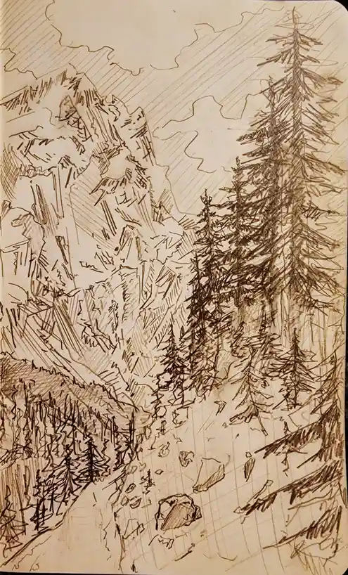 A sepia-toned sketch of a mountainous forest landscape with tall pine trees, rocky terrain, and distant peaks under a cloudy…