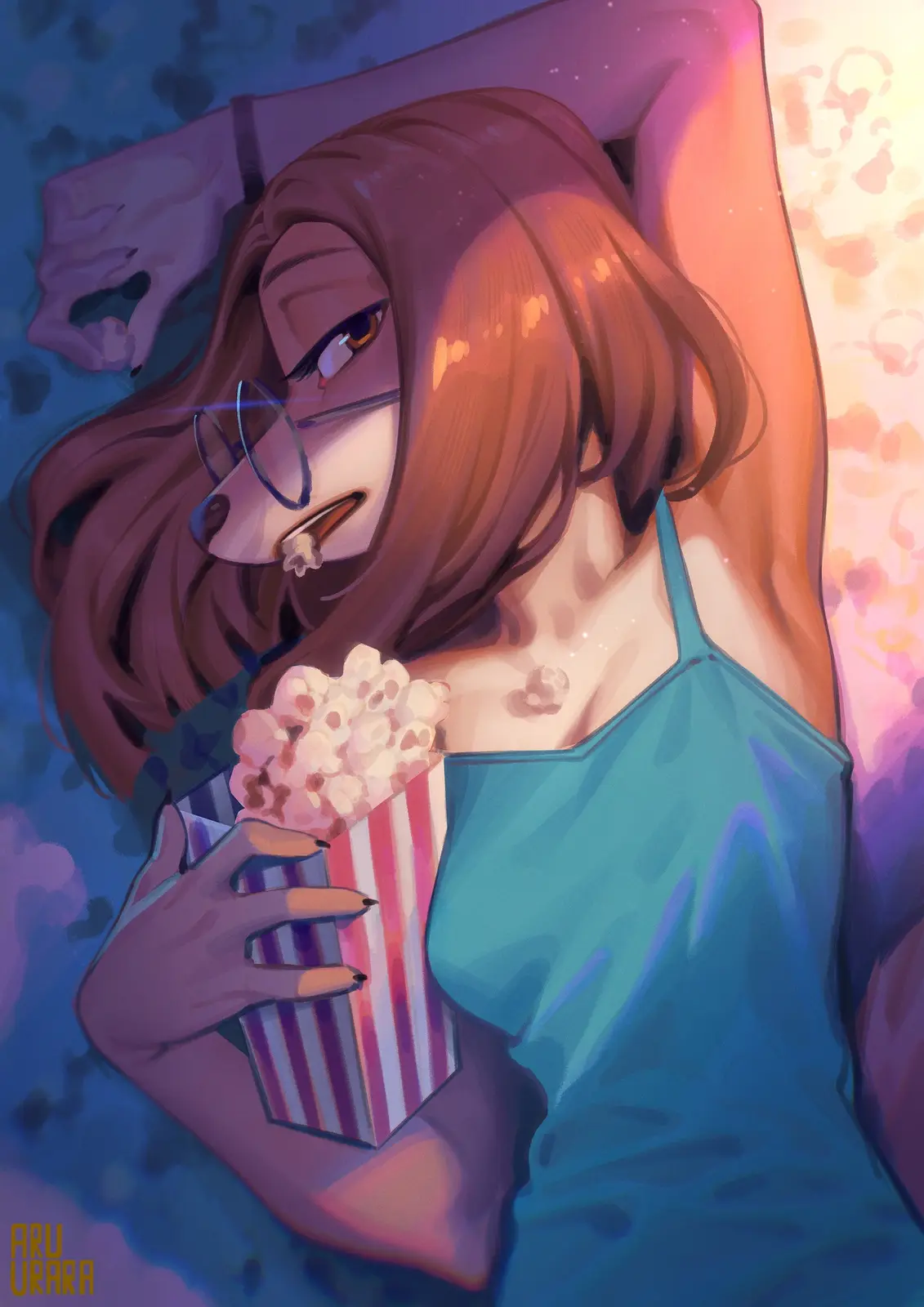 An anime-style illustration shows a woman with long brown hair and glasses lying down, holding a striped popcorn bucket. She…