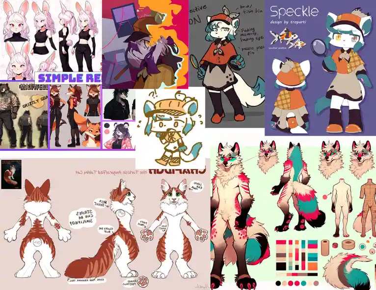 A collage of various anthropomorphic character design sheets, including a rabbit girl, a detective fox, a cat-like character…