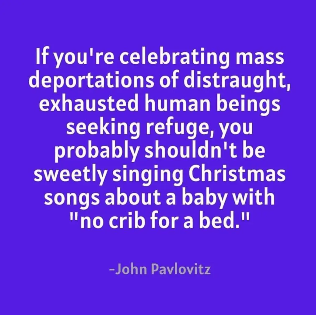 A solid purple background with white text that reads: 'If you're celebrating mass deportations of distraught, exhausted…
