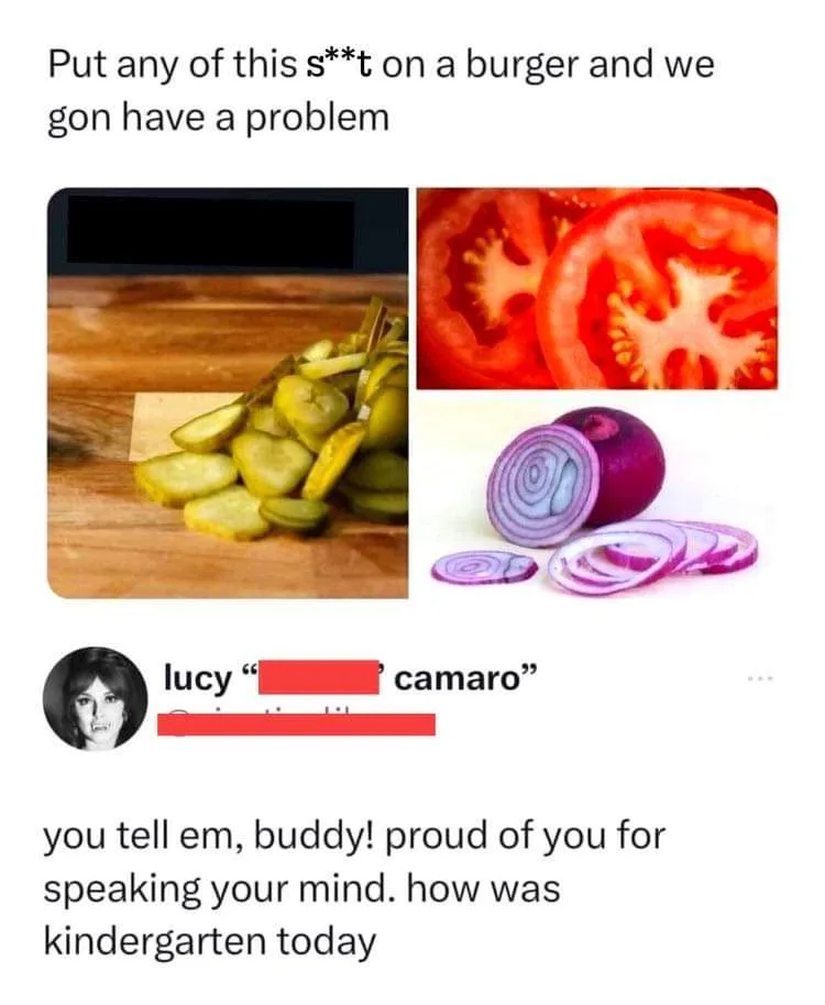 The image displays three common burger toppings: sliced pickles, tomato slices, and sliced red onions. Above them, text…