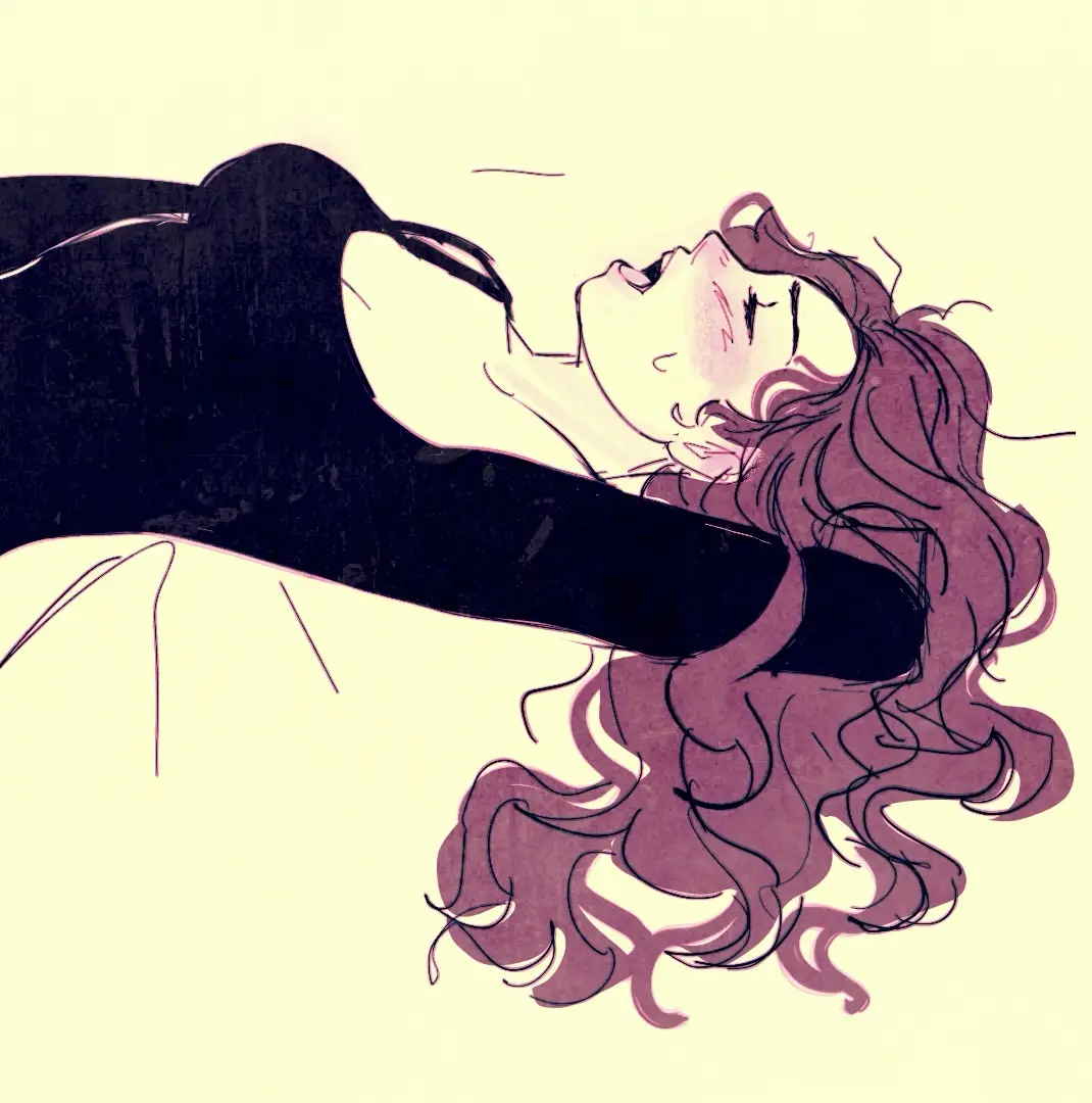 An anime-style illustration shows a woman with long, wavy brown hair lying on her back, wearing a black top, with her head…