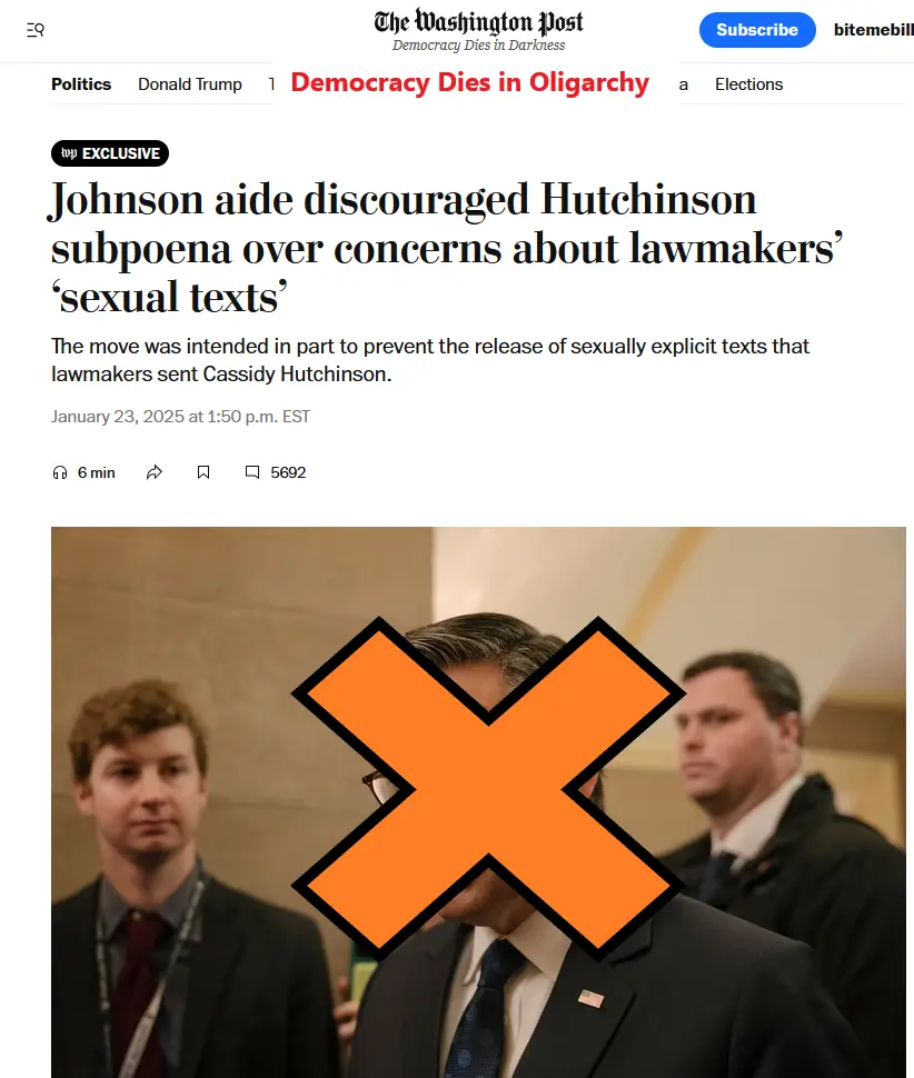 A screenshot of a Washington Post article headline about a Johnson aide discouraging a subpoena over 'sexual texts' is…
