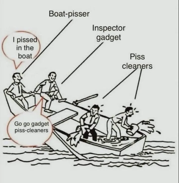 A black-and-white cartoon shows two men in a boat labeled 'Boat-pisser' with one saying 'I pissed in the boat.' Two other…