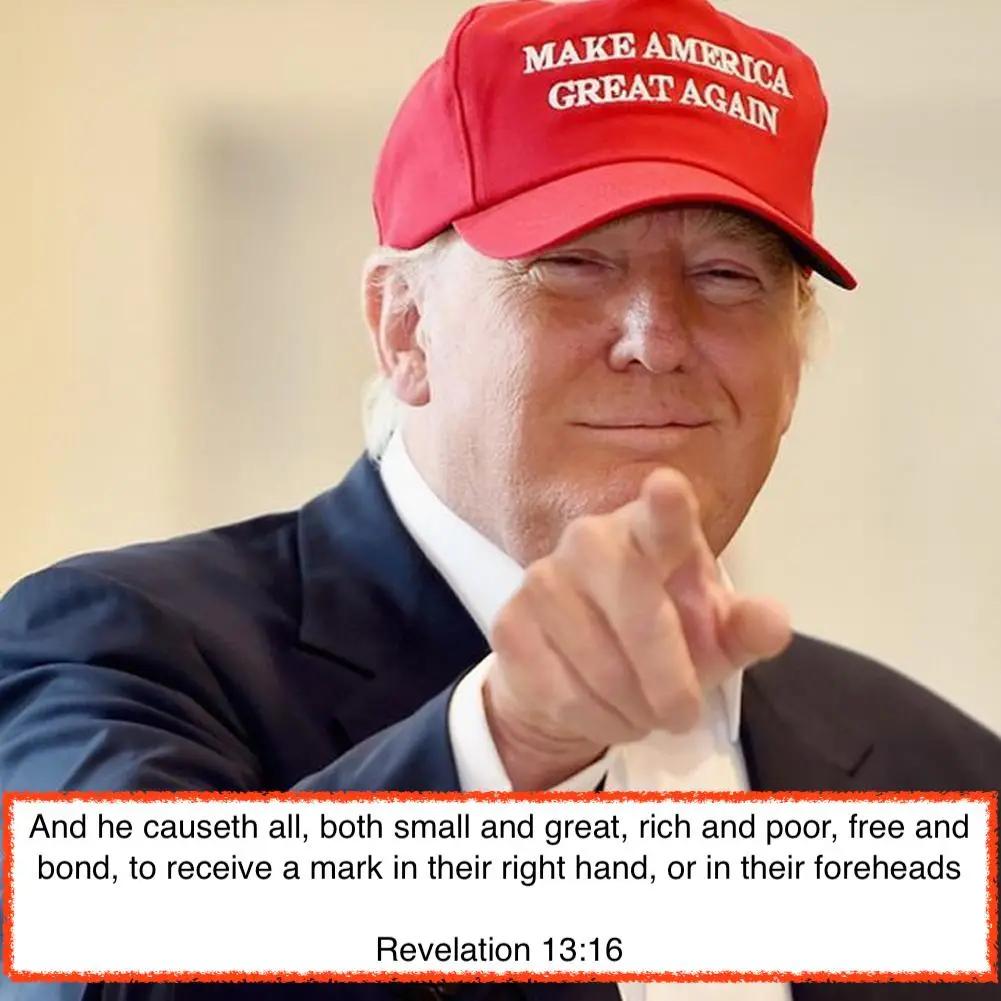 A close-up photo of Donald Trump wearing a red 'Make America Great Again' cap and pointing forward. A white text box with a…