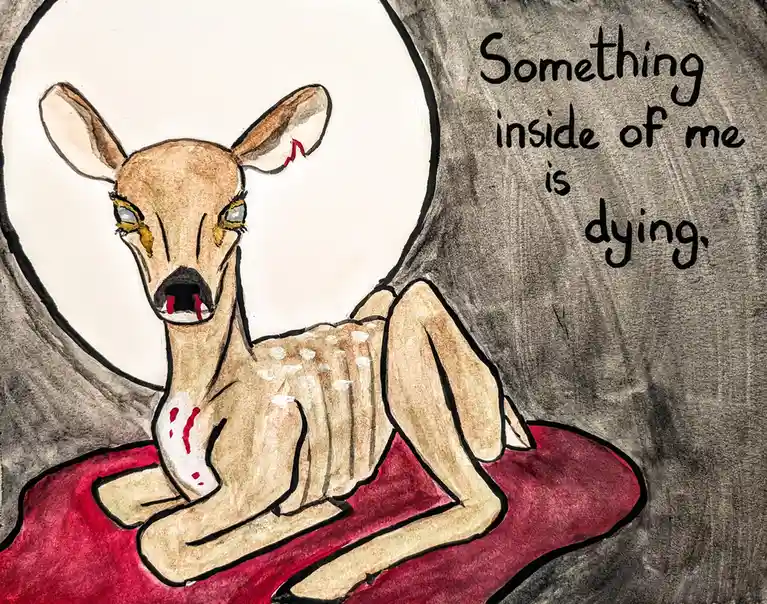 A watercolor drawing shows a gaunt, emaciated fawn with visible ribs, blood on its chest and mouth, and tear-streaked eyes…