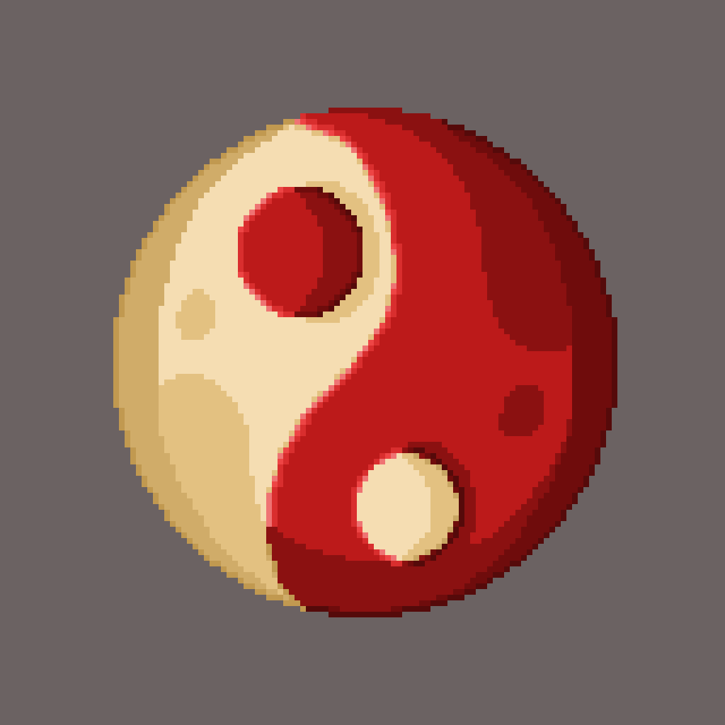 A pixelated, low-resolution image of a red and beige yin-yang symbol on a gray background. The symbol is composed of two…