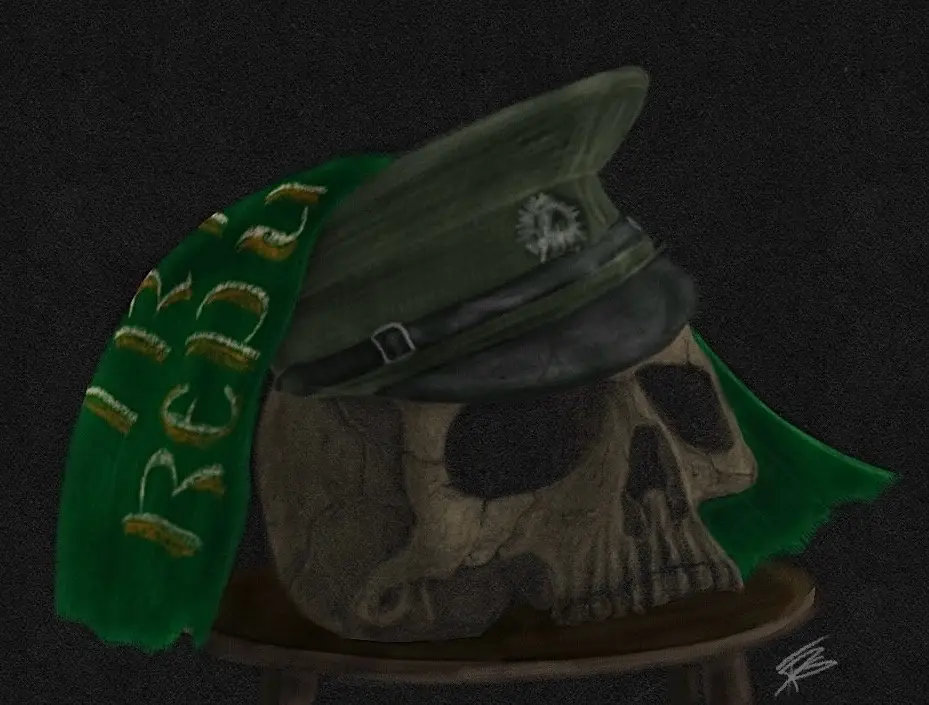 A human skull sits on a wooden stool, wearing a green military-style cap with a white emblem and draped in a green scarf…