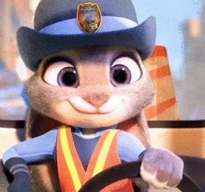 A six-panel grid shows Judy Hopps, a rabbit police officer from Zootopia, in her patrol car. In the top row, she smiles…