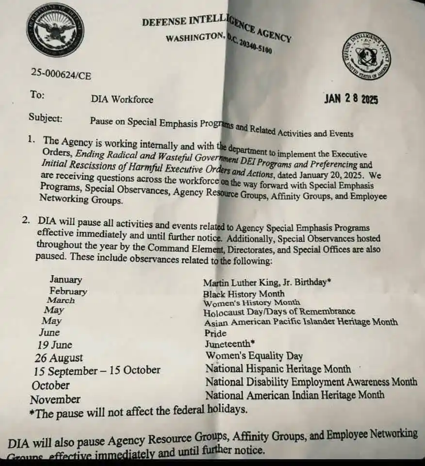A document from the Defense Intelligence Agency dated January 28, 2025, announces a pause on Special Emphasis Programs and…