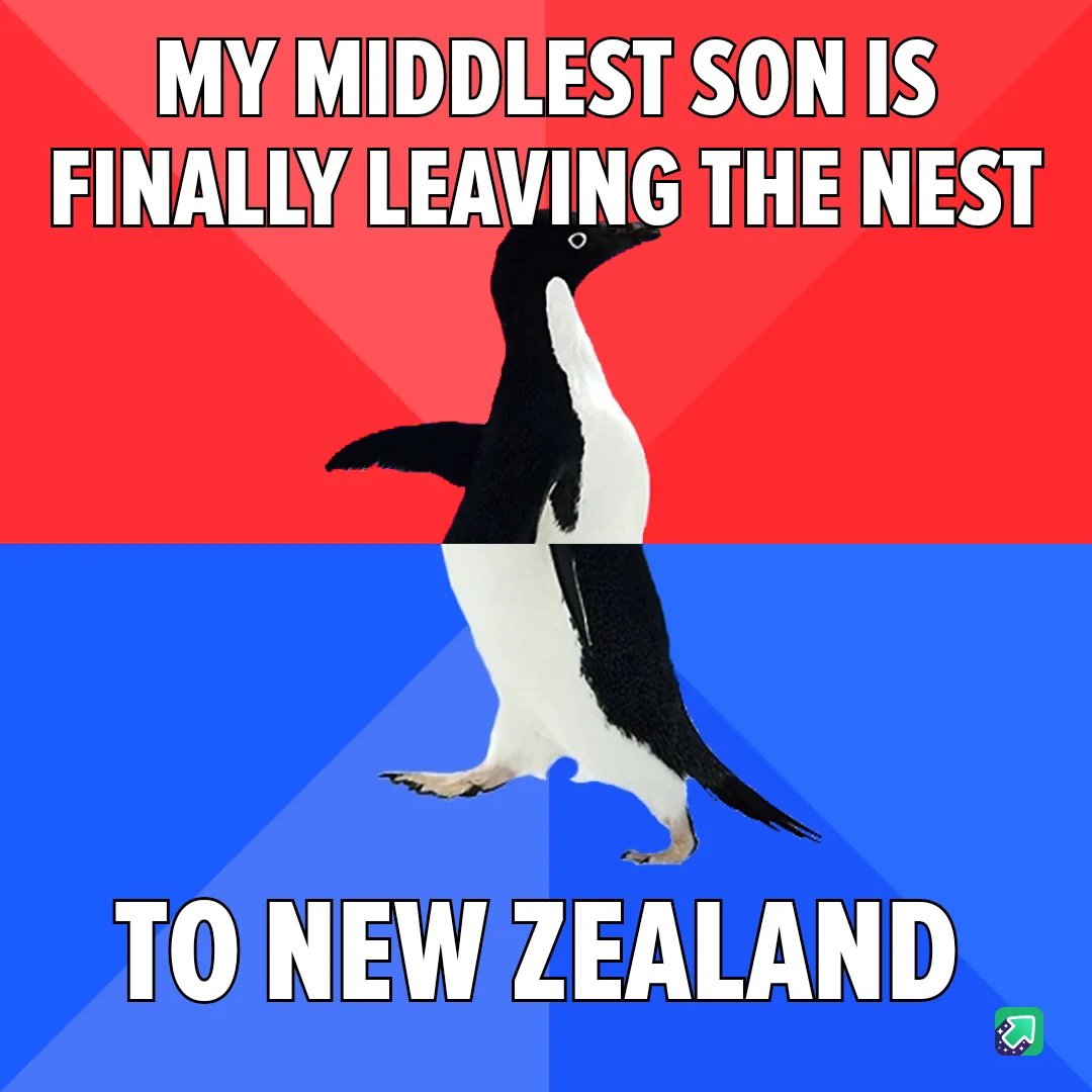 A penguin stands upright against a red and blue background, with bold white text at the top reading 'MY MIDDLEST SON IS…