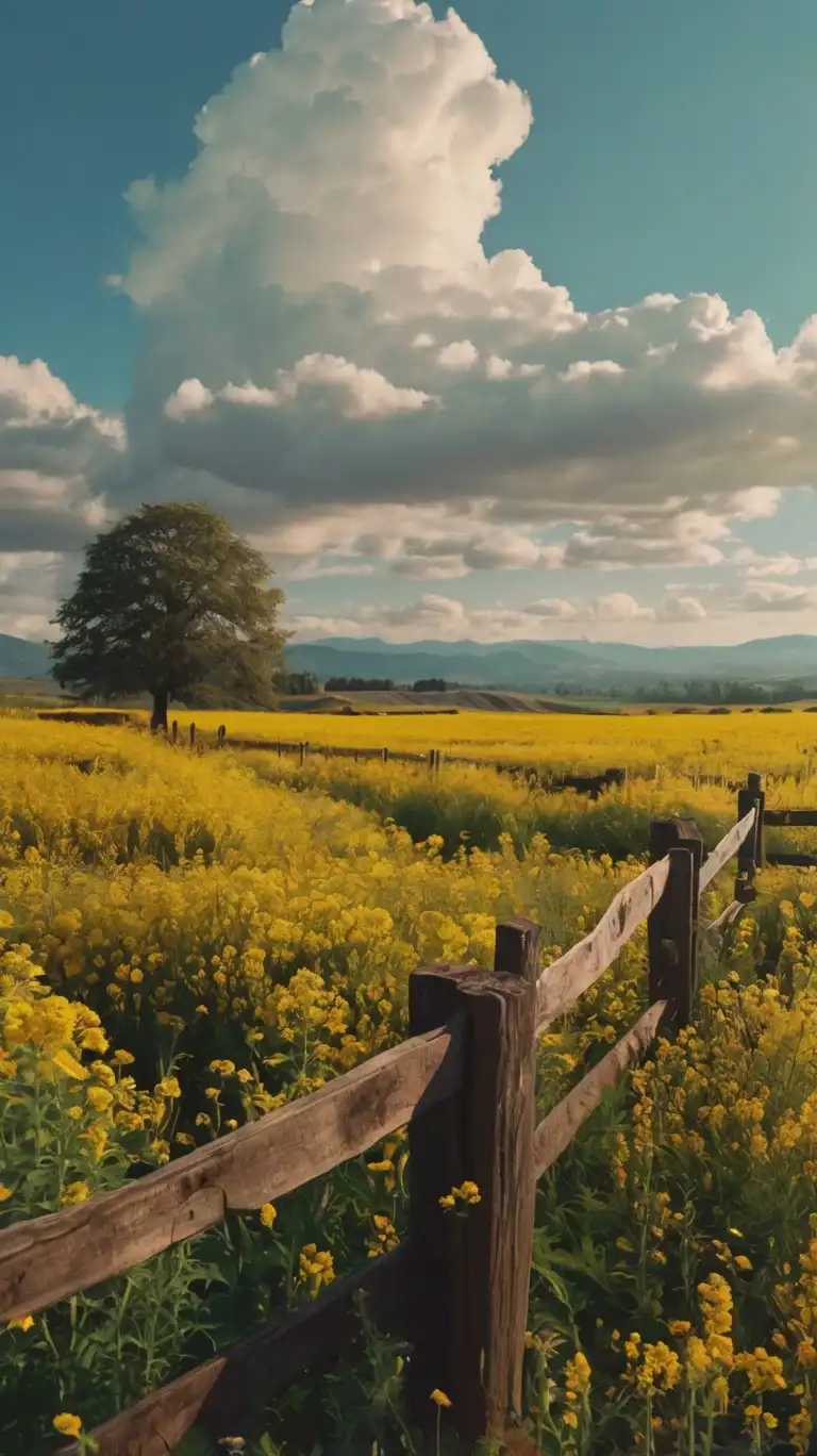 A serene landscape photo shows a wooden fence in the foreground, leading into a vast field of bright yellow flowers under a…