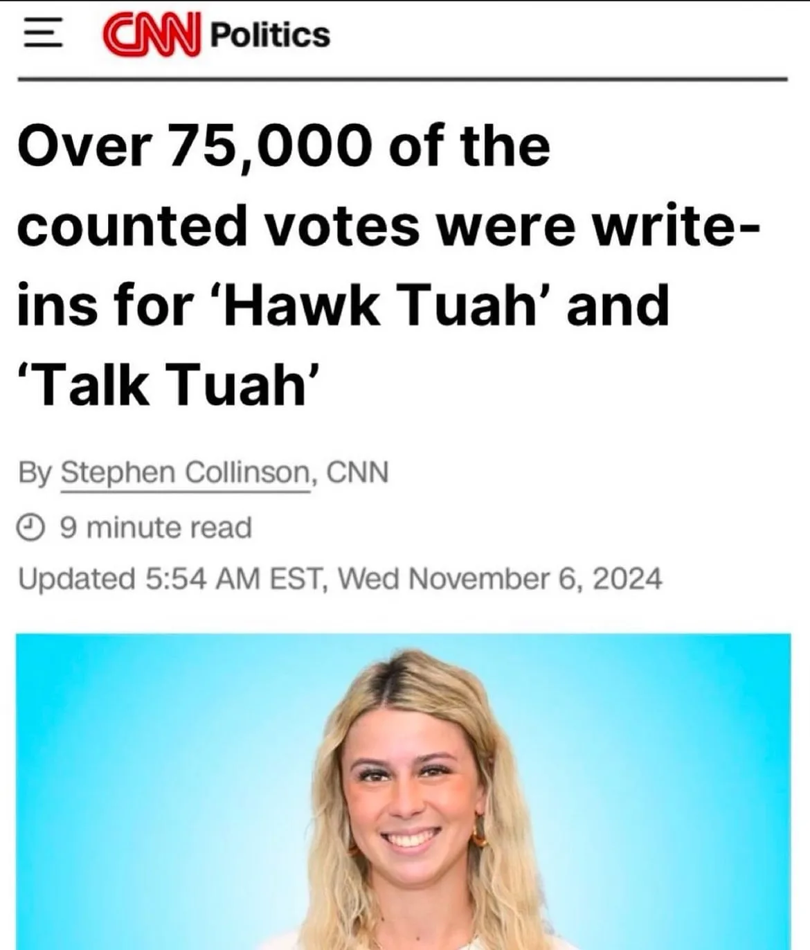 The image displays a screenshot of a CNN Politics article with a headline stating 'Over 75,000 of the counted votes were…