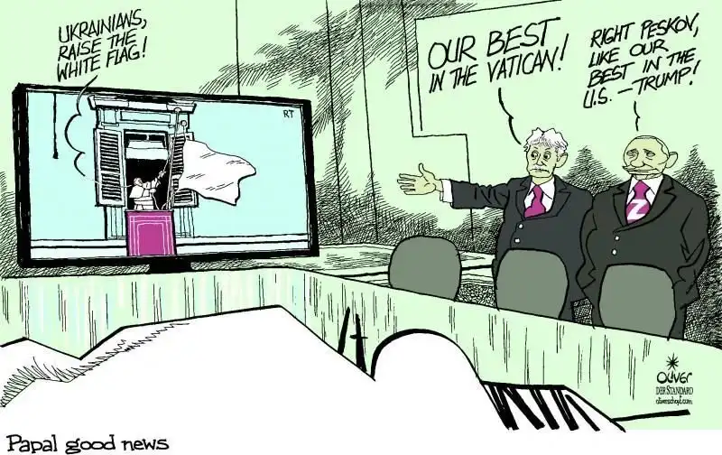 A cartoon shows two men in suits watching a TV screen displaying a person in a pink robe raising a white flag from a window…