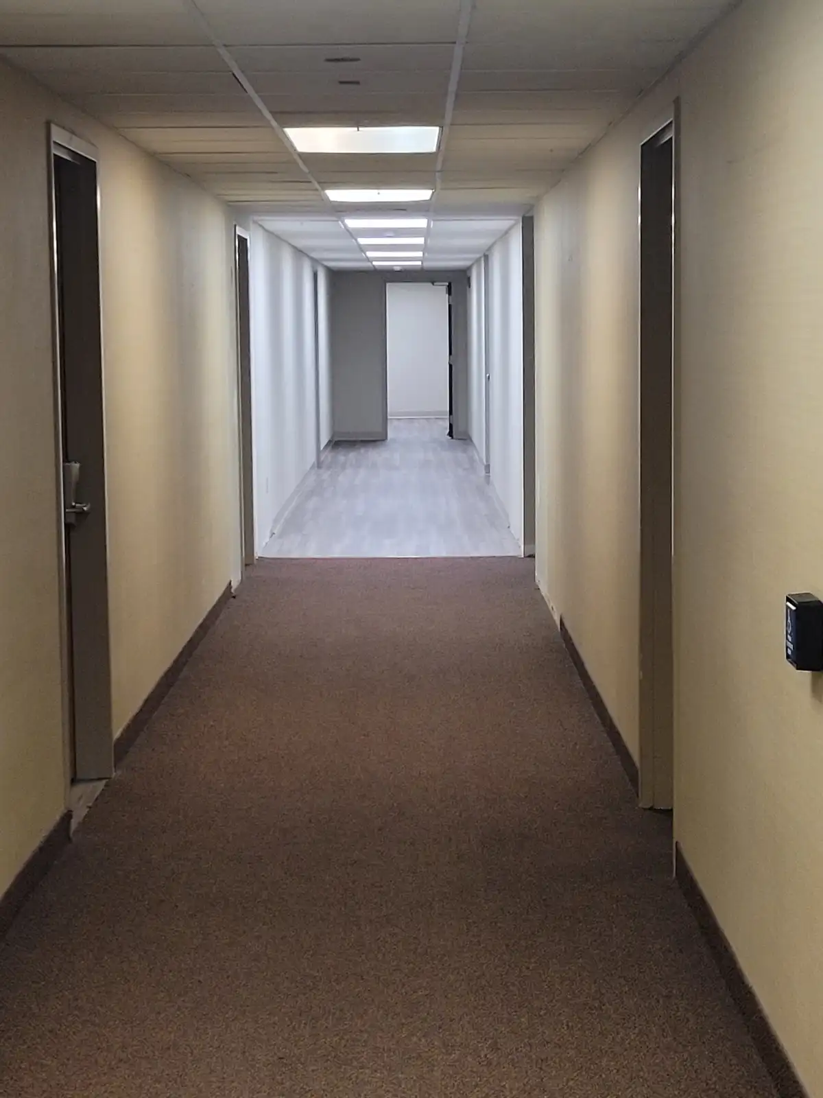 A long, empty office hallway with beige walls, carpeted floors, and fluorescent lighting, featuring doors on both sides and…