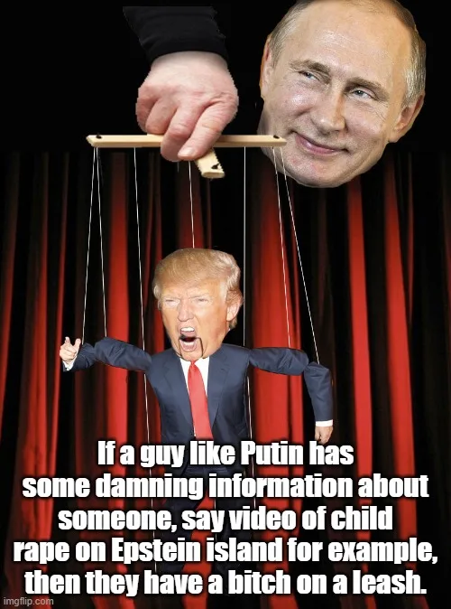 A puppet show image with Vladimir Putin's face as the puppeteer holding strings attached to a Donald Trump puppet. The…