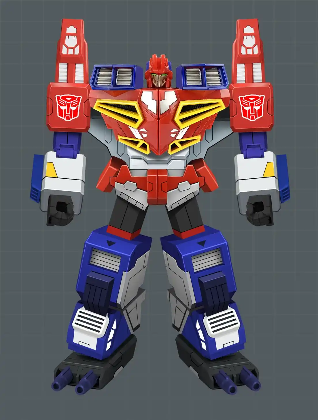 A red, blue, and white Optimus Prime toy robot stands in a full-body pose against a gray grid background. The robot has a…