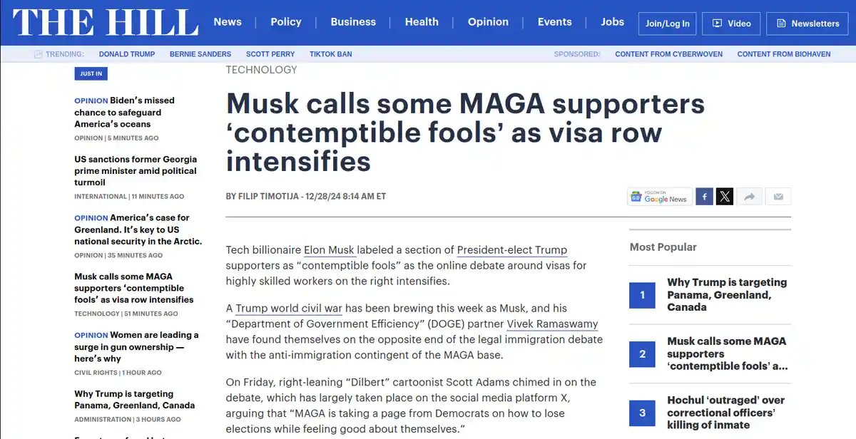 A screenshot of a The Hill news article with the headline 'Musk calls some MAGA supporters 'contemptible fools' as visa row…