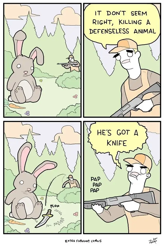 A four-panel comic strip shows a hunter aiming a rifle at a sitting rabbit. The hunter thinks, 'It don't seem right, killing…