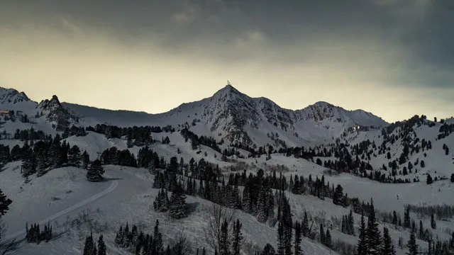 A wide, snowy mountain landscape at dusk or dawn, with pine trees scattered across the slopes and a prominent peak in the…