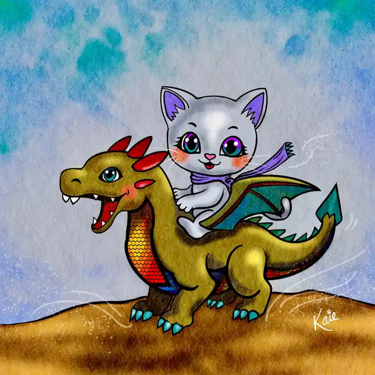 A cartoon illustration shows a cute, grey kitten with purple ears and a purple scarf riding on the back of a small, golden…